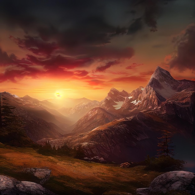 Zachód słońca nad górską doliną Czerwony zachód słońca nad wysokimi górami śniegu