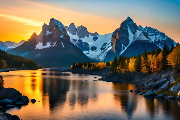 Zdjęcie zachód słońca nad górskim jeziorem z górami w tle