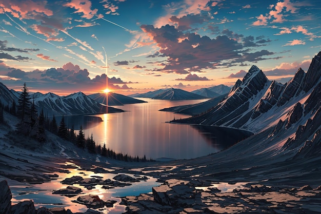 Zachód słońca nad górskim jeziorem z górami w tle