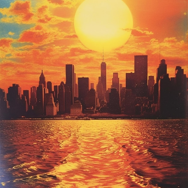 Zdjęcie zachód słońca nad horyzontem miasta z łodzią w wodzie generatywny ai