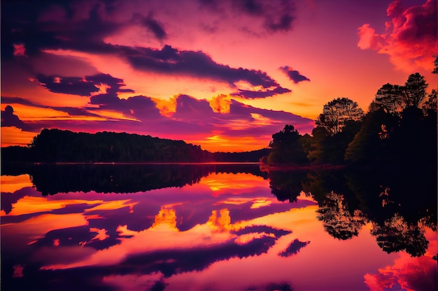 Zachód słońca nad jeziorem. Kolorowe niebo