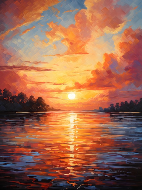 Zdjęcie zachód słońca nad jeziorem malowanie