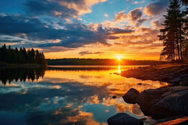 Zdjęcie zachód słońca nad jeziorem w północnej europie z odbiciem i niebieskim niebem