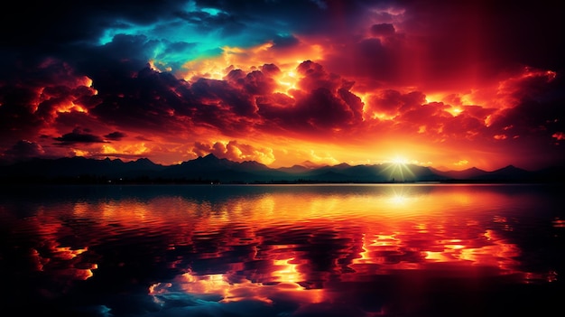 zachód słońca nad jeziorem z górami i chmurami