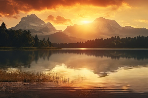 Zdjęcie zachód słońca nad jeziorem z górami na tle