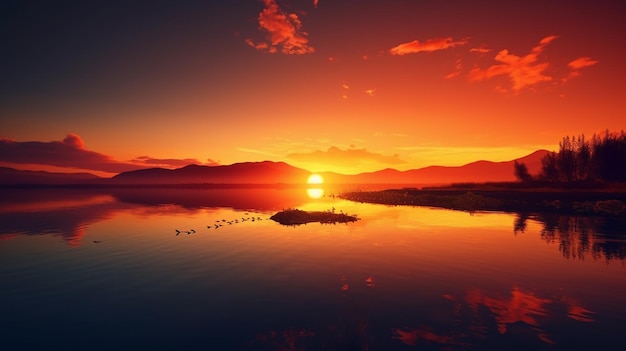 Zachód słońca nad jeziorem z górami w tle