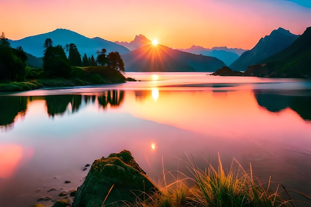 Zachód słońca nad jeziorem z górami w tle