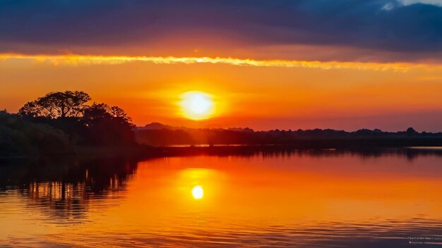 zachód słońca nad jeziorem z zachodem słońca na tle