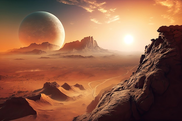 Zachód słońca nad Marsem Mars panorama obcy krajobraz planetarny panoramiczny Mars o zmierzchu