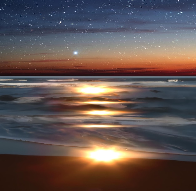 zachód słońca nad morzem plaża piasek noc błękitne rozgwieżdżone niebo i księżyc, mgławica na morzu piękny pejzaż morski
