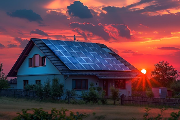 Zachód słońca nad nowoczesnym domem z panelami słonecznymi