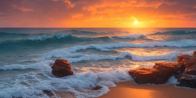 Zachód słońca nad oceanem z falami rozbijającymi się o brzeg i dużymi kamieniami na pierwszym planie Ilustracja pejzażu morskiego z piaszczystą plażą pochmurne niebo i zachodzące słońce Generacyjna sztuczna inteligencja