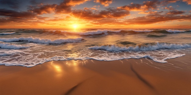 Zachód słońca nad oceanem z falami rozbijającymi się o piaszczystą plażę Ilustracja pejzażu morskiego z pochmurnym niebem i zachodzącym słońcem Generacyjna sztuczna inteligencja