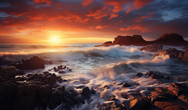 zachód słońca nad oceanem z skałami i falami