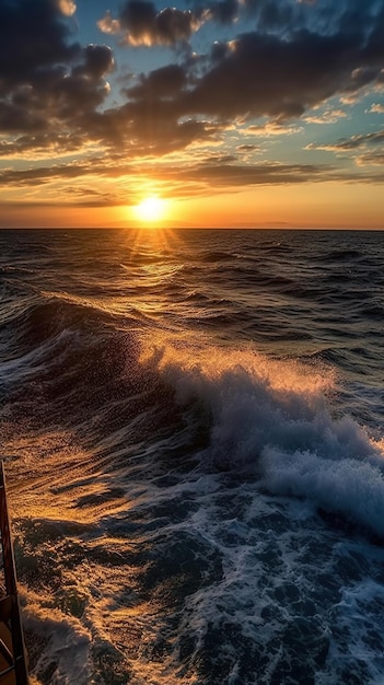 Zachód słońca nad oceanem z zachodzącym za nim słońcem.