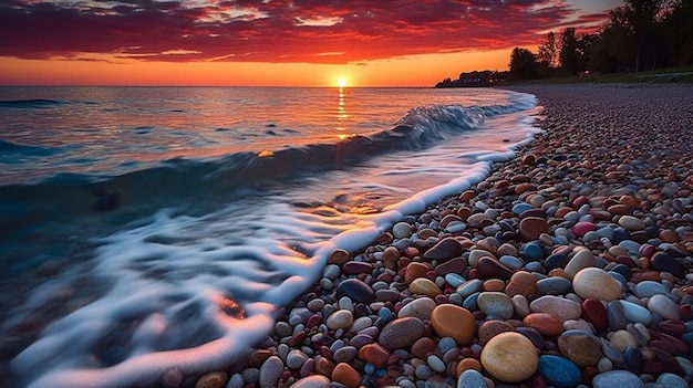 zachód słońca nad oceanem ze skałami i falami na brzegu generatywny ai