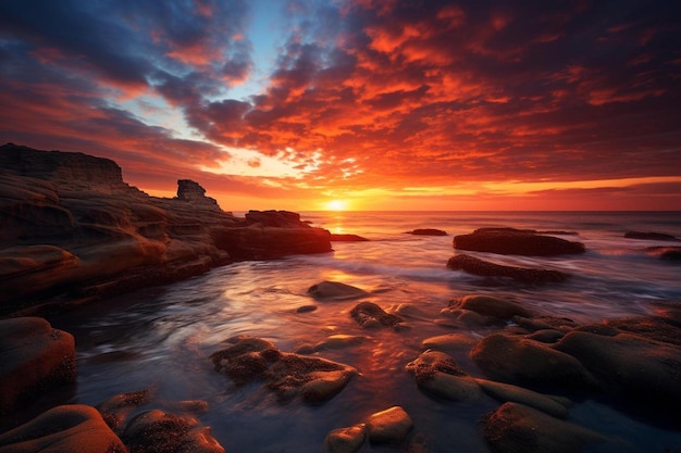 Zachód słońca nad oceanem ze skałami i skałami