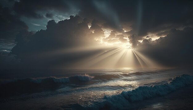 Zachód słońca nad oceanem ze słońcem świecącym przez chmury