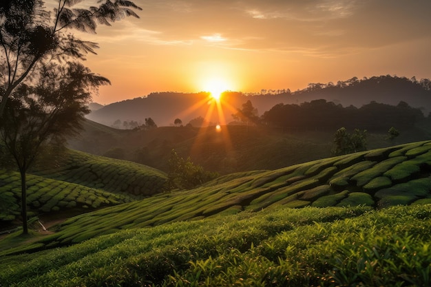 Zachód słońca nad plantacją herbaty z wzgórzami w oddali