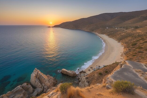 Zdjęcie zachód słońca nad plażą stin kolonna wyspa kythnos cyklady wyspy greckie grecja europa