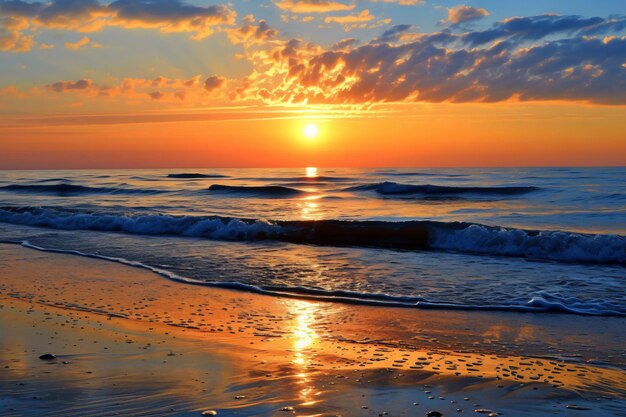 zachód słońca nad plażą z zachodem słońca na tle