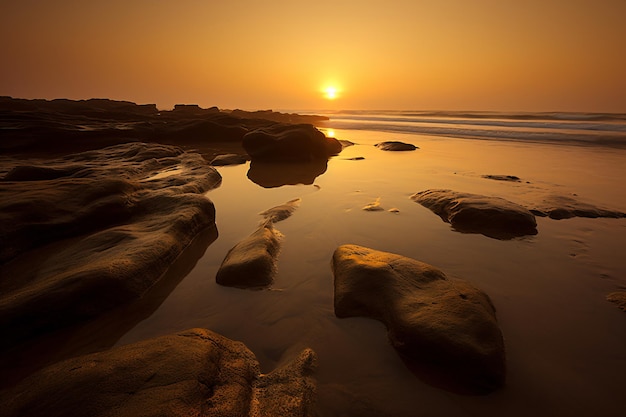 zachód słońca nad plażą ze skałami i wodą