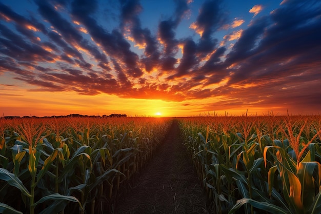 Zachód słońca nad polem kukurydzy z niebieskim niebem i chmurami