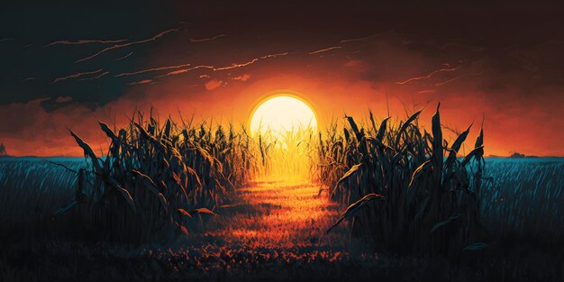Zachód słońca nad polem kukurydzy z zachodem słońca w tle.
