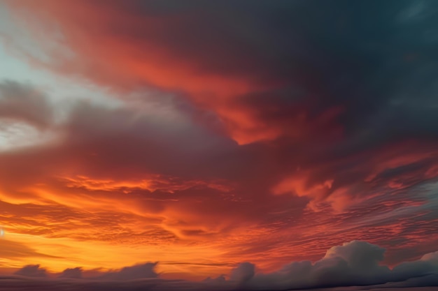 Zachód słońca nad polem w stylu kolorowych turbulencji ciemny turkus i czerwień