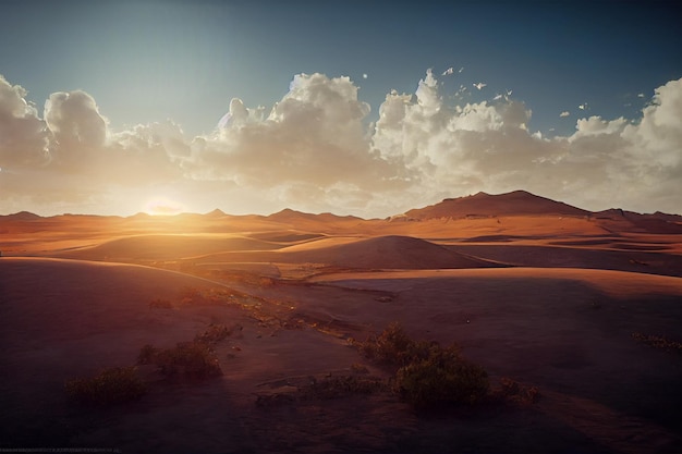Zachód słońca nad pustynią z górą w tle