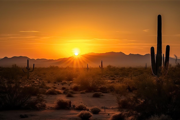 Zachód słońca nad pustynią z sylwetką kaktusów i gór w tle