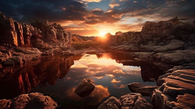 Zachód słońca nad pustynną sceną ze skałami i jeziorem.
