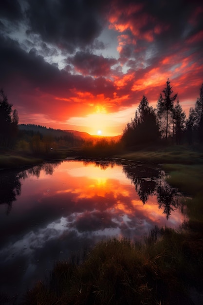 Zachód słońca nad rzeką z odbiciem drzew i czerwonym niebem.