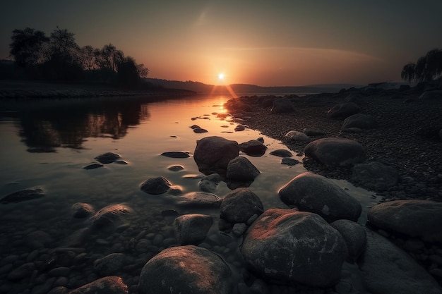 Zachód słońca nad rzeką ze skałami i słońce nad wodą