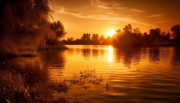 Zdjęcie zachód słońca nad spokojną wodą, piękno natury generowane przez sztuczną inteligencję