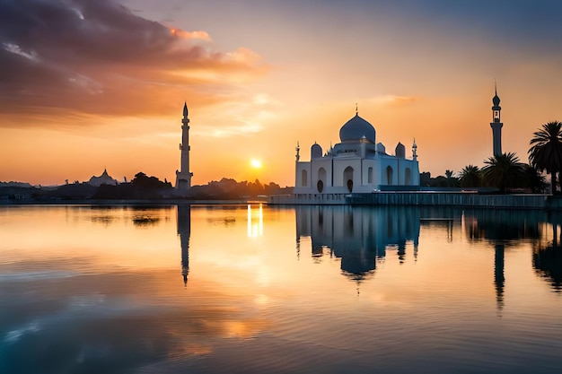 Zachód słońca nad Taj Mahal z zachodzącym za nim słońcem