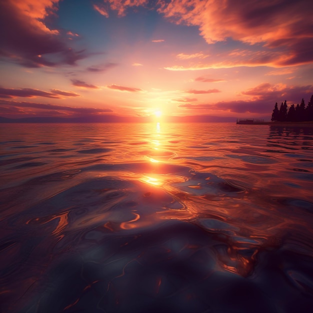 Zachód słońca nad wodą z fioletowym i pomarańczowym niebem i słońcem odbijającym się w wodzie.
