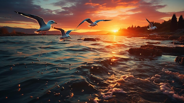 Zachód słońca nad wodą z ptakami latającymi pod światło słoneczne na Morzu Śródziemnym