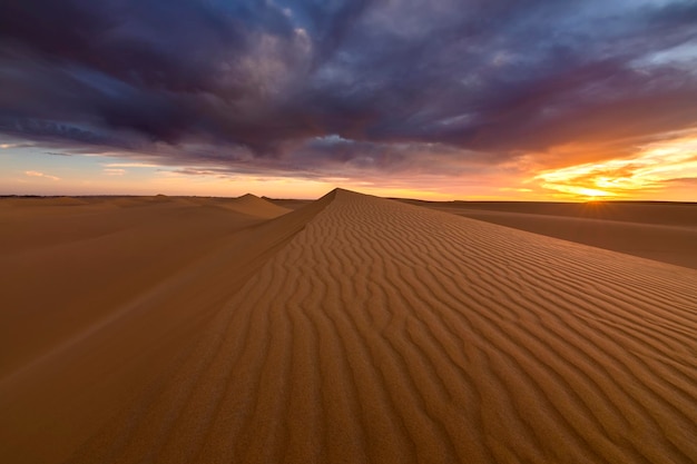 Zachód słońca nad wydmami na pustyni Suchy krajobraz Sahary