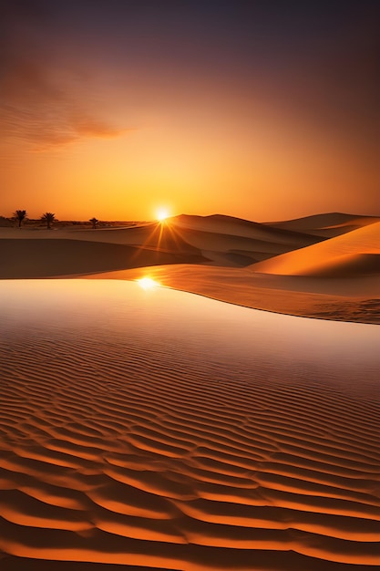 Zachód słońca nad wydmami w pustyni Sahary w Maroku