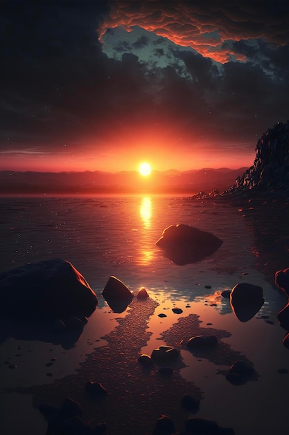 Zachód słońca nad zbiornikiem wodnym ze skałami na pierwszym planie generatywnego ai