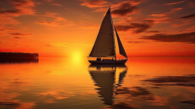 Zdjęcie zachód słońca odbicie łodzi żaglowej w wodzie
