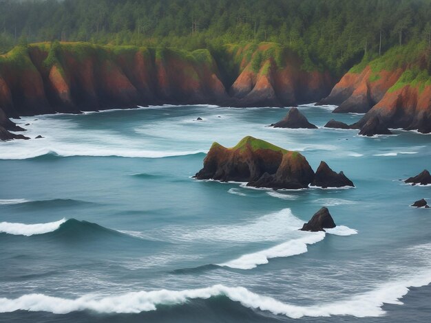 Zachód słońca przy Natural Bridges wzdłuż Samuel H Boardman State Scenic Corridor Oregon podczas złotego hou