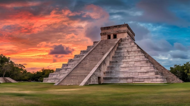 Zachód słońca przy spektakularnej piramidzie Chichen Itza w prowincji Cancun w Meksyku