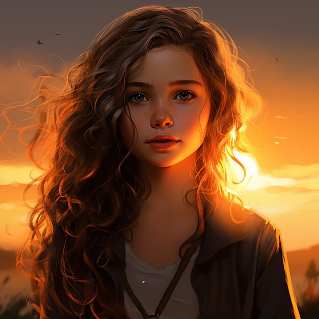 Zachód słońca sylwetka podświetlana dziewczyna z blaskiem tła
