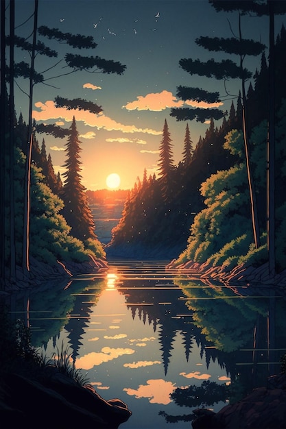 Zachód słońca w ciemnym lesie anime