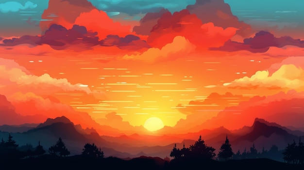 Zachód słońca w górach z chmurami i drzewami