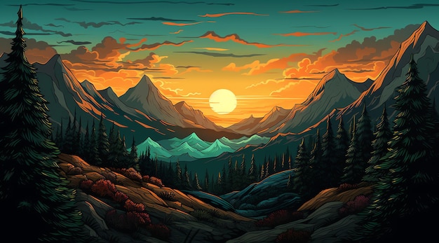 Zachód słońca w górach z górą w tle