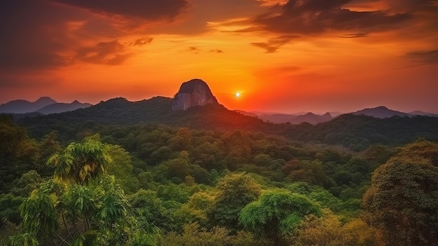 Zachód słońca w Kaeng Krachan Tajlandia Jasny kolor Generative ai