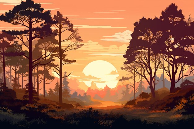 Zachód słońca w lesie z lasem i generatywnym zachodem słońca
